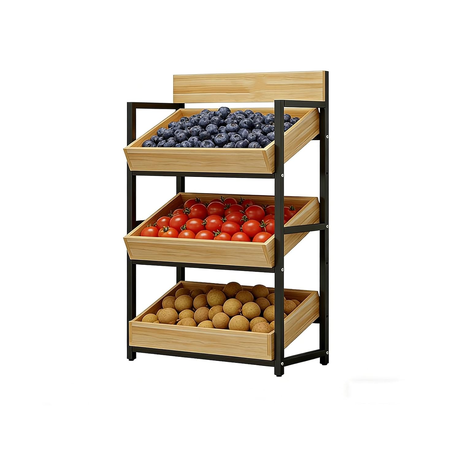 Wood Fruit and Vegetable Storage Rack, Retail Display Rack Market Shelf with Steel Frame, Adjustable Basket Angle, Utility Shelf Organizer for Home Store Kitchen(3-layer)