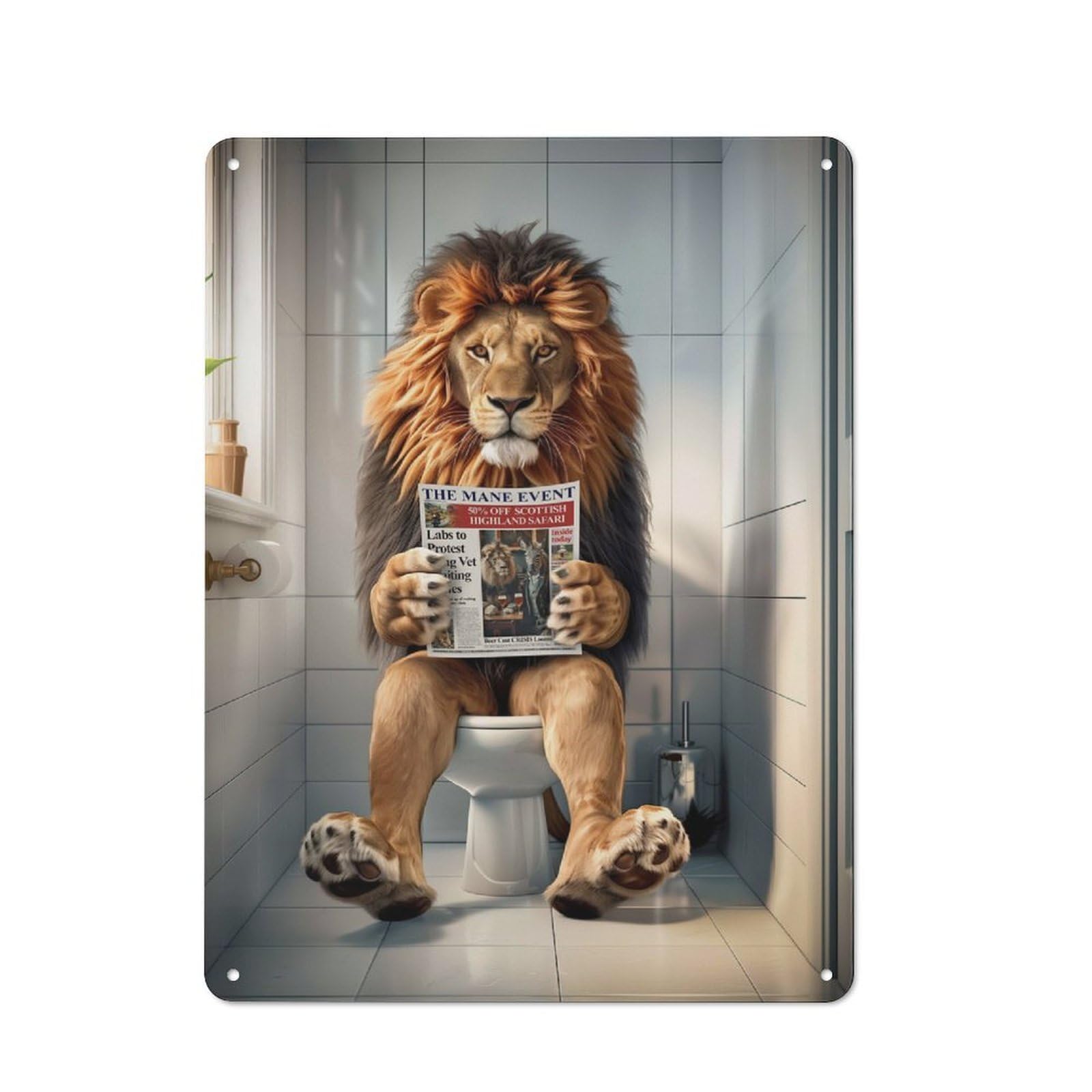 Junmoney Lion In The Bathroom Retro Metal Plaque 40X30cm For Lounge Or Reading Corner, Suited To Lounge Decor Fans