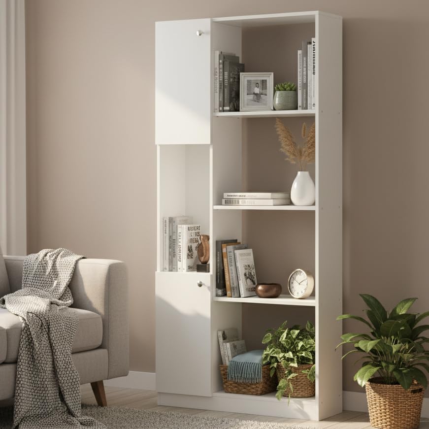 Image of FURNEASER Bookaura Wooden Bookshelf with Doors, Multipurpose Bookcase Storage Organizer for Living Room Modern Wooden Book Shelf Cabinet, Display Rack for Books & Decor (White)
