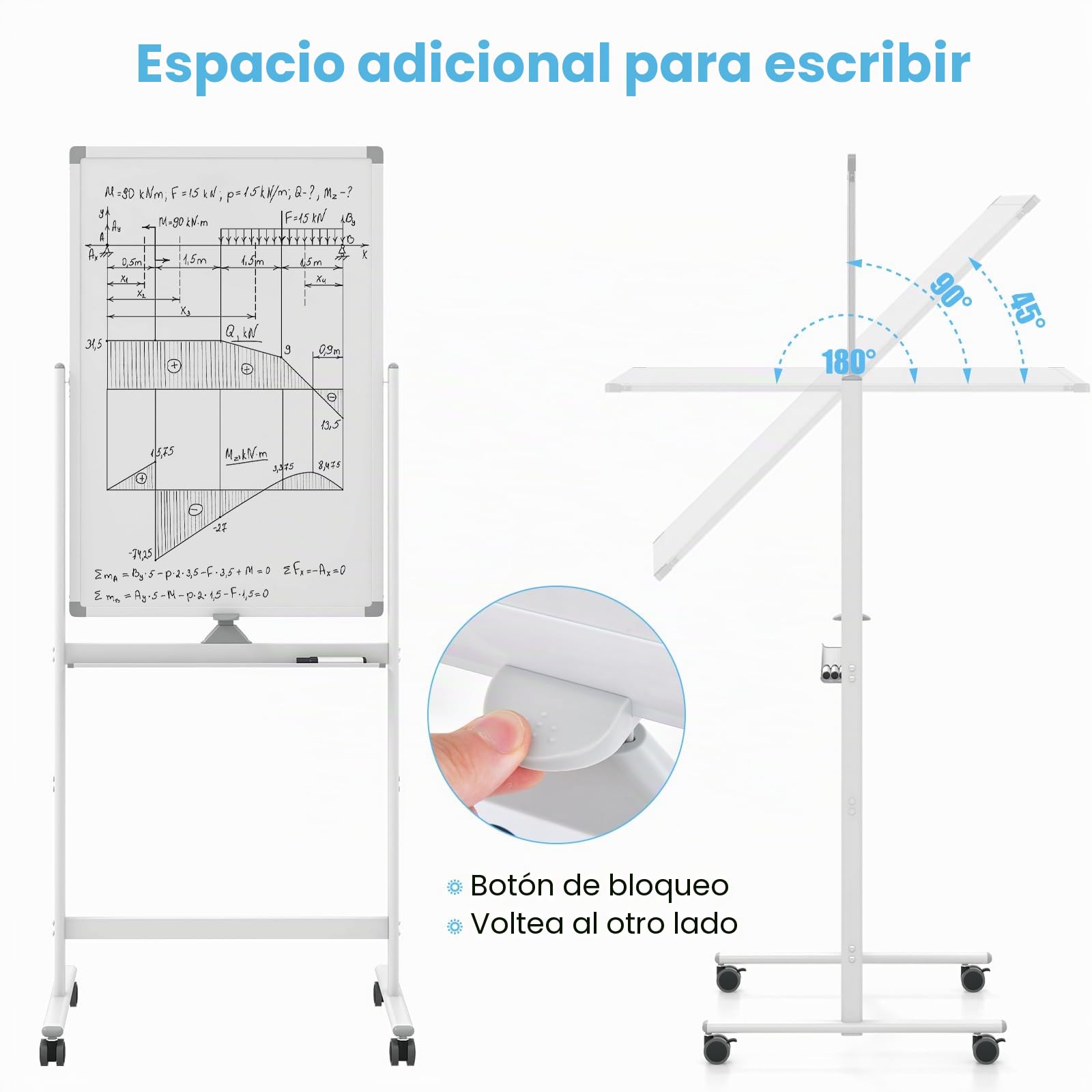 LIFEZEAL Pizarra Blanca con Soporte, 90x60cm, Pizarra Móvil con Doble Cara, Altura Ajustable 151/178 cm, Giratoria 360°, Pizarra Magnética con Ruedas Bloqueables para Oficina, Escuela, Hogar (Blanco)