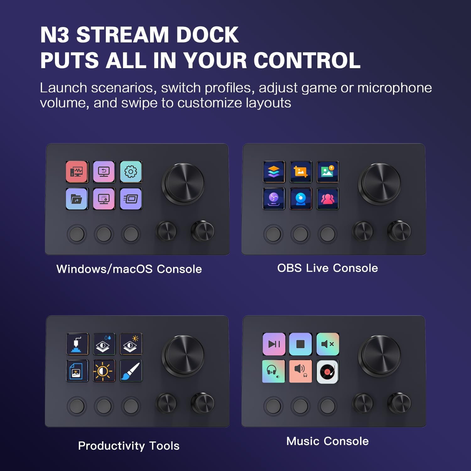 Treaslin N3 Programmierbares Stream Controller Deck mit LCD-Tasten&Drehreglern-Benutzerdefiniertes Makro-Steuerungs-Keypad für Streaming (OBS,Twitch,YouTube),Video,Gaming-Für Win&Mac