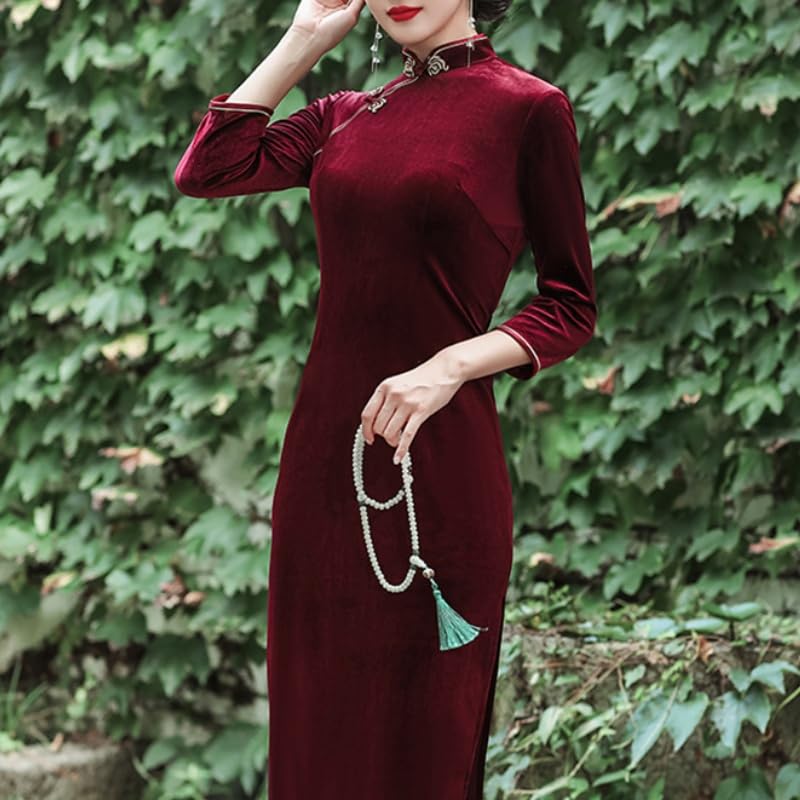 Generico Abiti Cinesi da Donna in Velluto Cheongsam Lungo con Colletto alla Coreana vestibilità Attillata Maniche A 3/4 Aderenti in Velluto Tinta Unita Abiti da Sera Qipao con Spacco Laterale Sexy