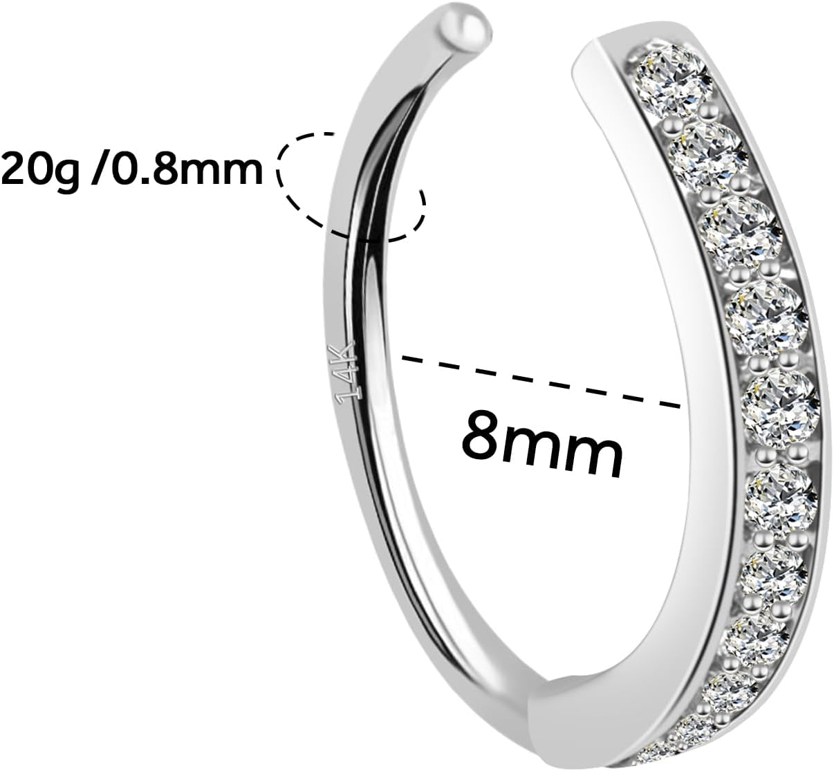 14k Yellow/White Gold Hoop Nose Ring, 20G 8mm Tiny Gold Nose Rings Studs for Women Labret Stud Helix Piercing Jewelry