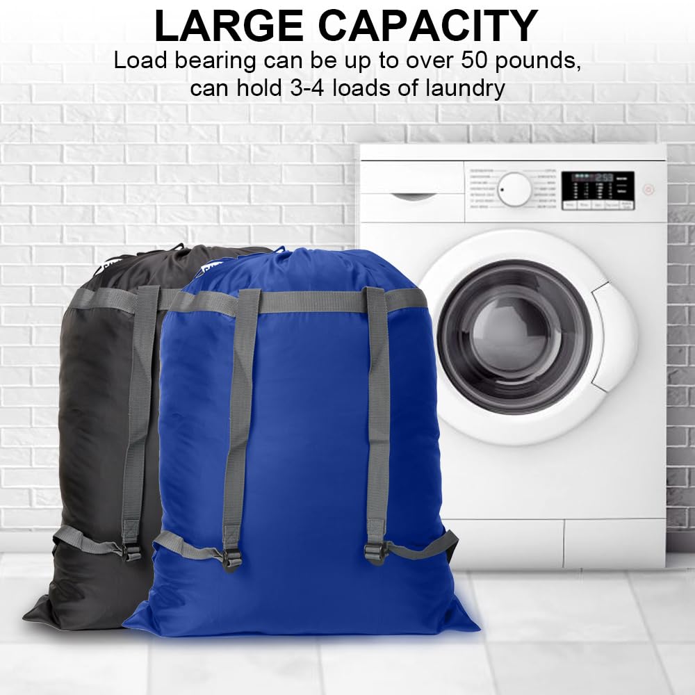 Mochila de lavandería de 27 x 34 pulgadas, resistente con correas de hombro, cierre de cordón, mochila plegable resistente para universidad, viajes, lavandería, apartamento (negro azul)