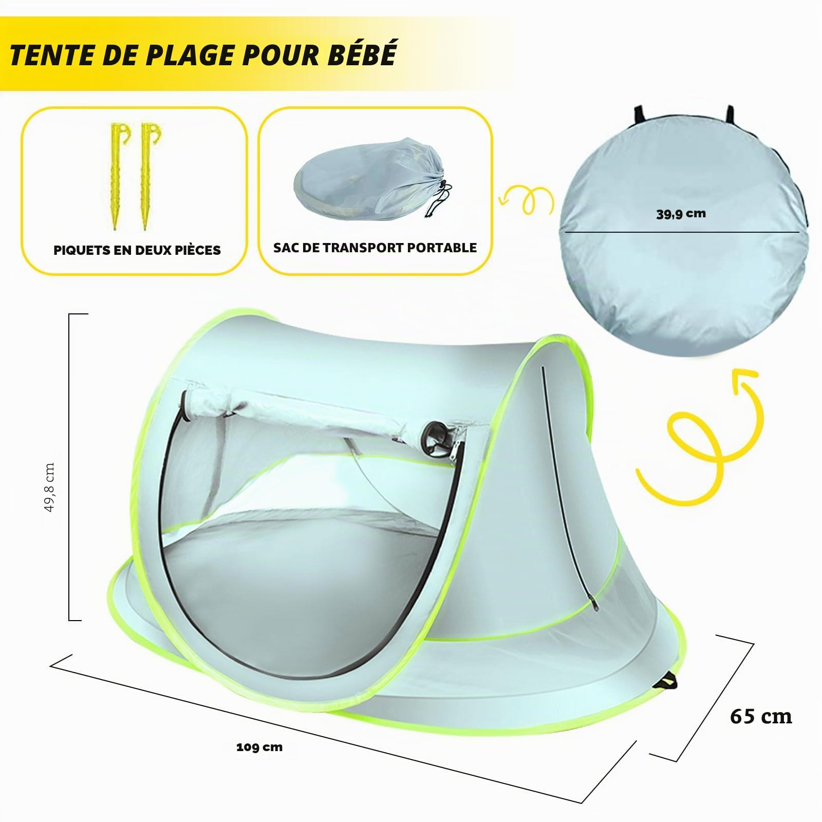 mumisuto Tente De Plage Pop Up Bébé, Tente De Voyage Portable, Protection Solaire UV UPF 50+, avec Sac De Transport Et Piquets pour Plage, Jardin, Camping (Bleu, 109x65x50cm)