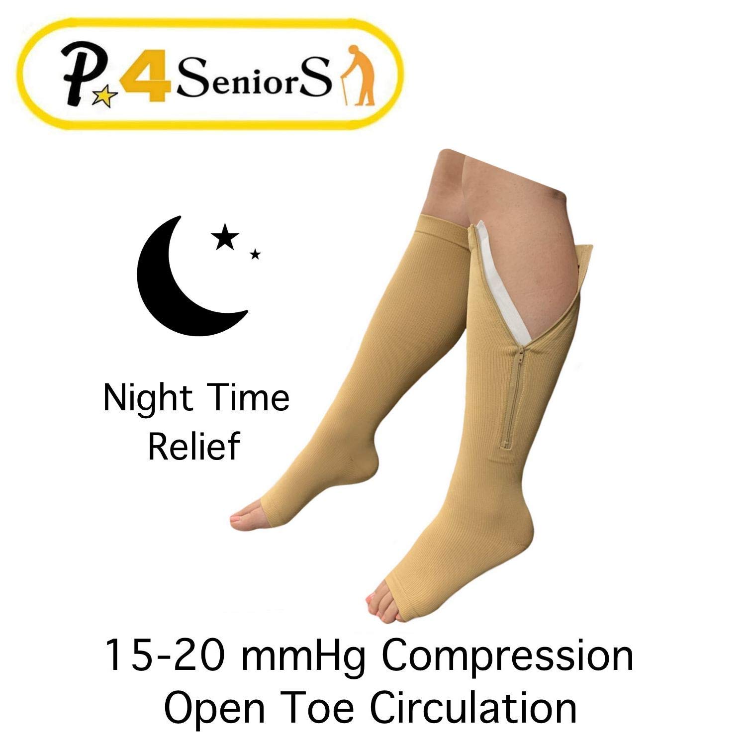 Presadee Seniors 15-20 mmHg And 20-30 mmHg Zipper Compression Easy Zip Up Socks Swelling Calf Leg Day And Night 2 Pack (S/M, Beige)