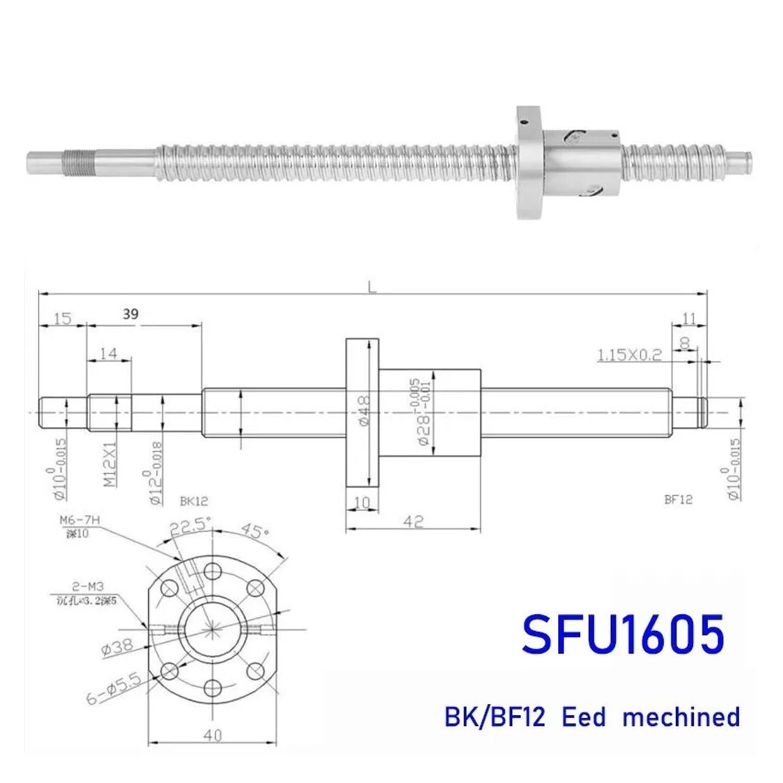 Metal Ball Screw nut CNC Ball Screw C5 1605 Flange Single BallNut BK/BF12 RM1605 End Machined CNC SFU1605 200 250 300 350 400 450 500 550 Mm(250mm)