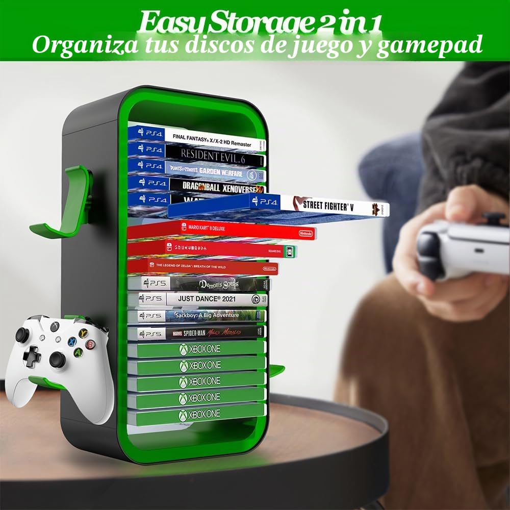 Torre de Almacenamiento de Juegos para PS5/ Xbox Series S & X/Switch, Organizadores Universales de Discos de Videojuegos, Almacena 18 Juegos, con 4 Soportes de Controlador (Grün)