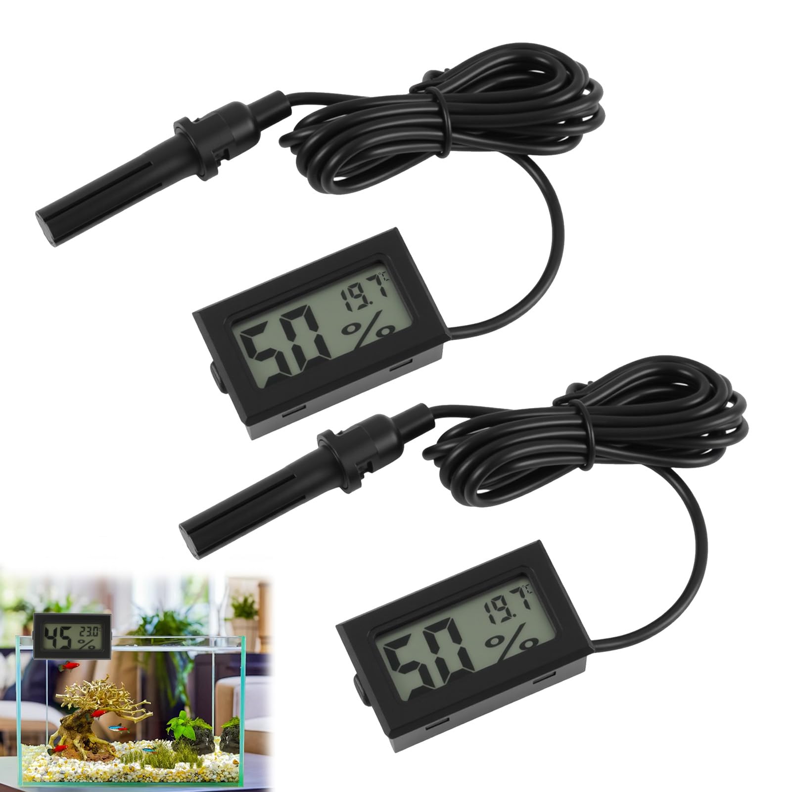 Reptile Thermometer Hygrometer With Probe, 2 Pack Hygrometer Humidity Meter Temperature Gauge For Reptiles, Reptile Accessories For Terrariums Incubators Tanks, Mini LCD Probe Thermometer Black