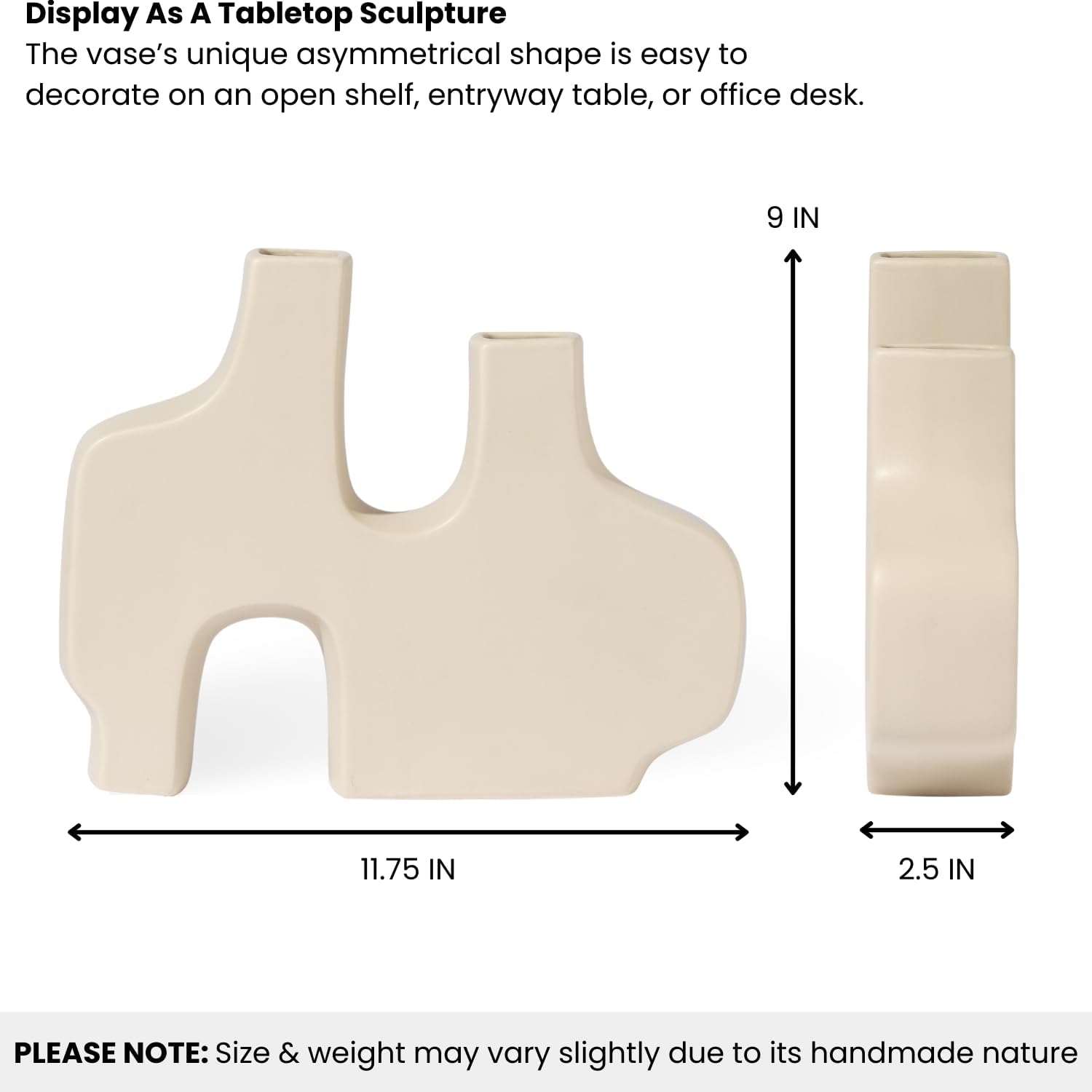 Torre & Tagus Abstract Duo Matte Beige Ceramic Vase for Flowers - 9 Inch Tall Vase for Table Centerpiece Minimalist Shelf Decor (11.5" W x 9" H Beige)