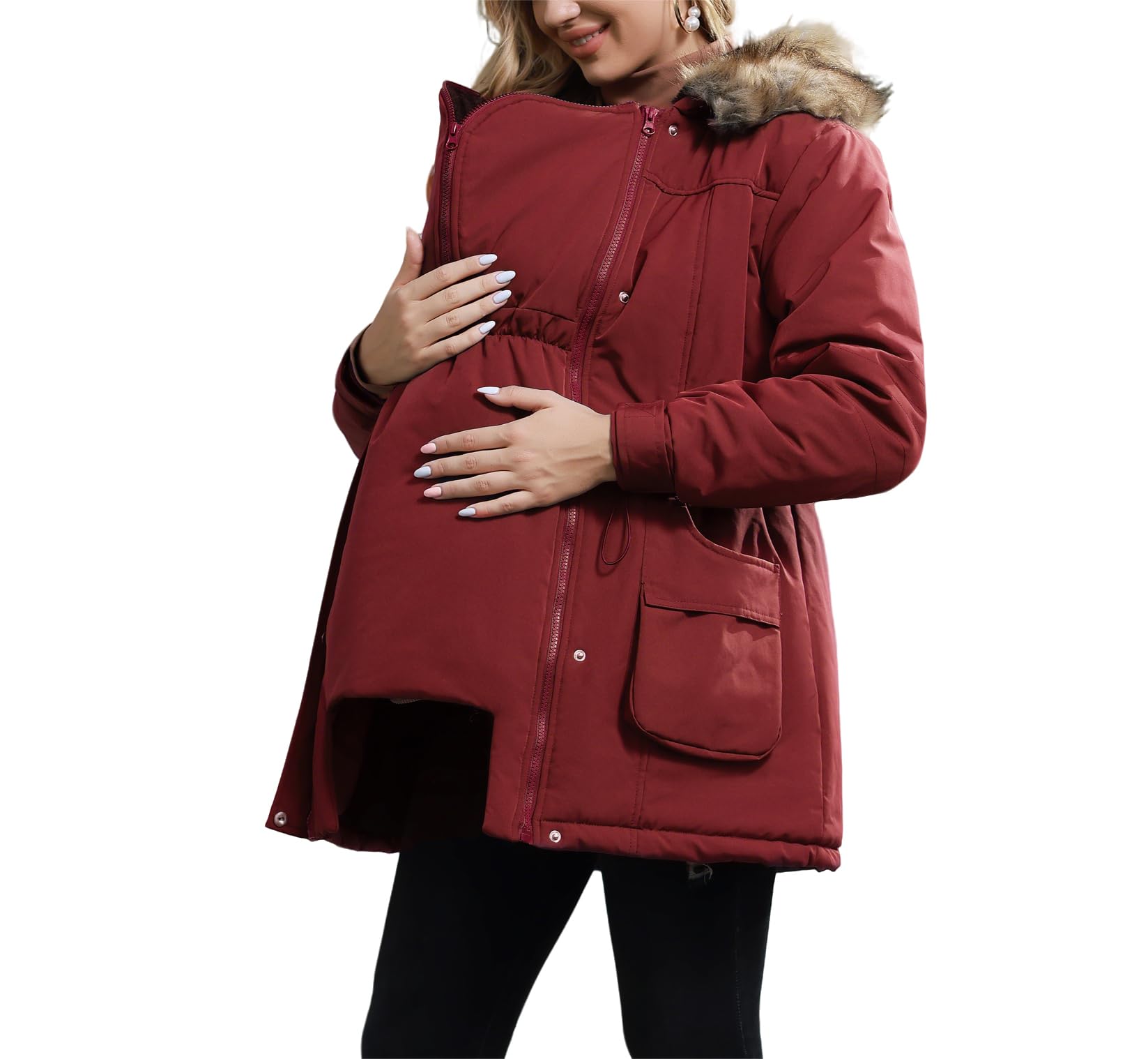 Maacie Umstandsmantel für Damen, 3-in-1, verdickt, mit Fleece gefüttert, Winter, warm, mit Kapuze, wein, M