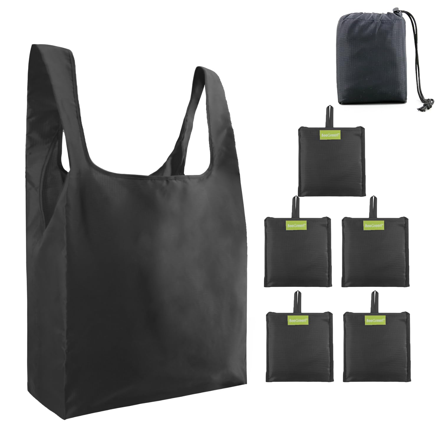 BeeGreen Black Reusable Shopping Bags Foldable Large Grocery Bags with Attach Pocket Reusable Tote Bags Machine Washable for Kitchen Shopping 5 Packs Polyester