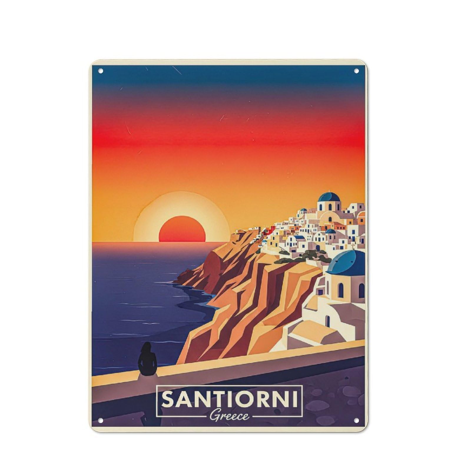 Junmoney Style-1 Metal Wall Plaque With Santorini Greece Sunset Travel Design 40X30cm, Simple Retro Studio Wall Plaque For Hobby Room, Office, Lounge Or Living Room