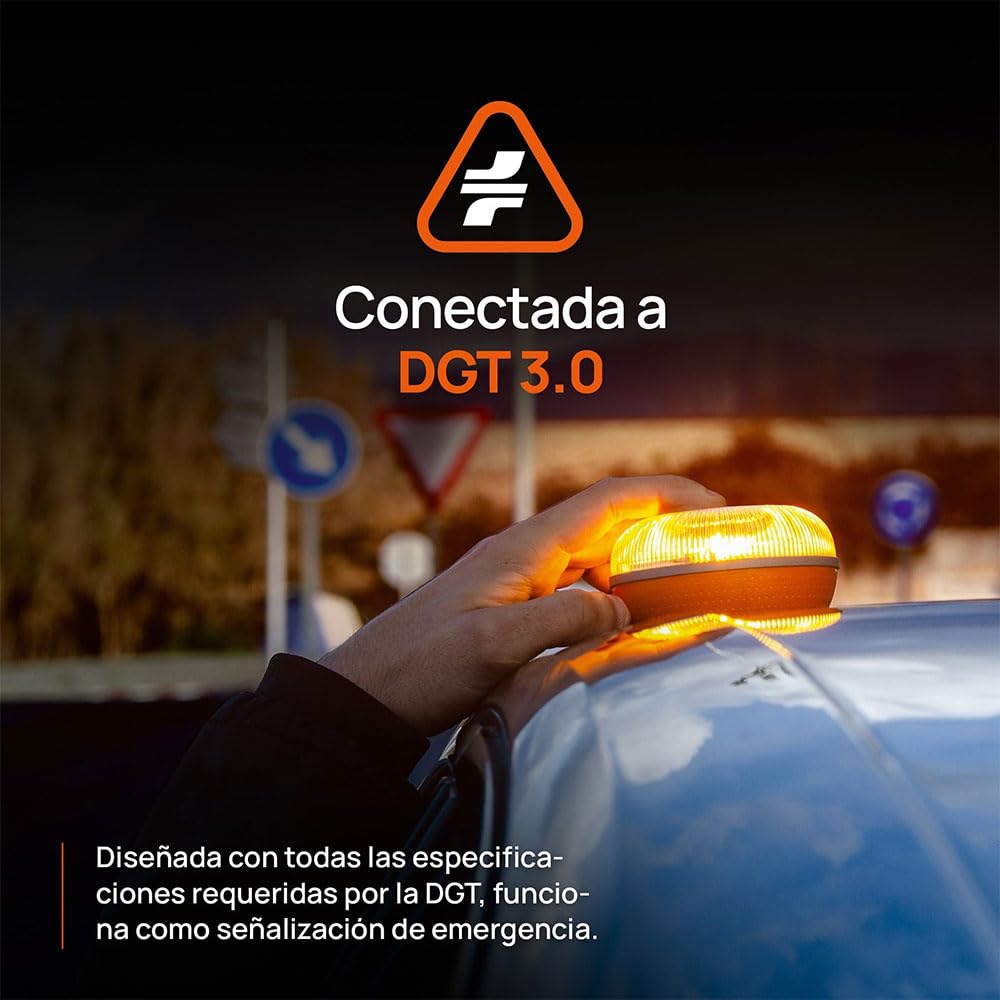 FlashLED SOS Luz de Emergencia V16 Conectada Obligatoria 2026 Homologada, Autorizada DGT, Tarjeta SIM y servicio hasta 2038, Base Imantada, Resistente Agua y Polvo IP54, Cobertura y Geolocalización x4