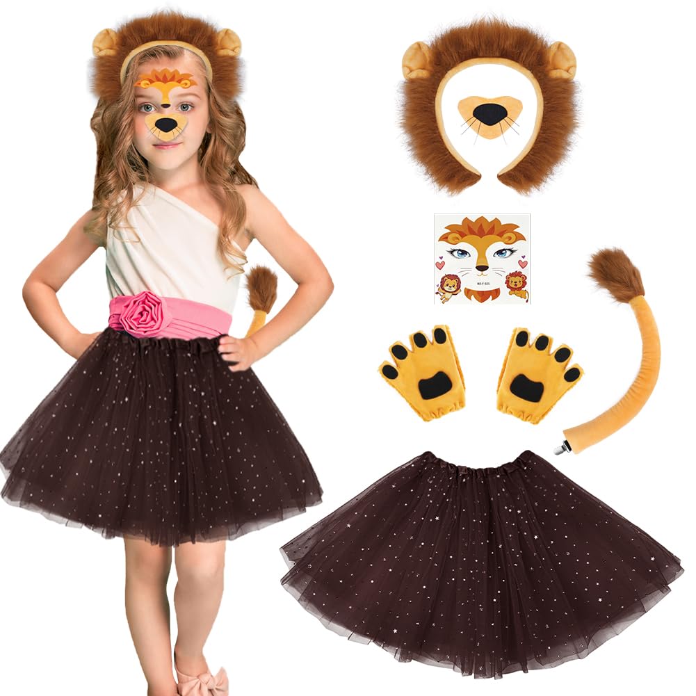 AOOWU Lion Costume Set for Kids, 7PCS Animal Costume Set Tutu Skirt with Lion Headband, Nose, Tail, Gloves, Lion Face Sticker, Lion Animal Fancy Dress Costume for Halloween Theme Party Cosplay — image 1