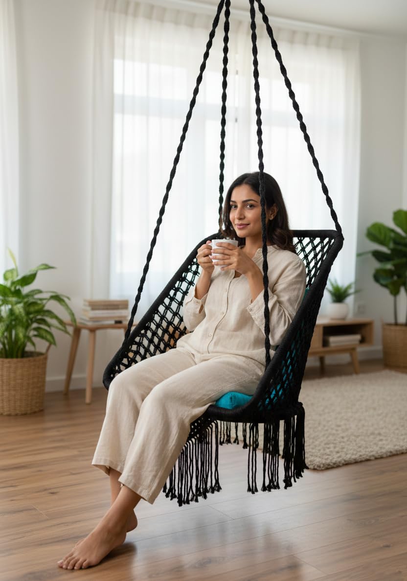 Patiofy Swing for Balcony/Swing Chair for Adults for Home/Swing for Indoor Outdoor Premium Rectangular Swing Chair with Blue L Cushion & Free Hanging Kit Included- Black