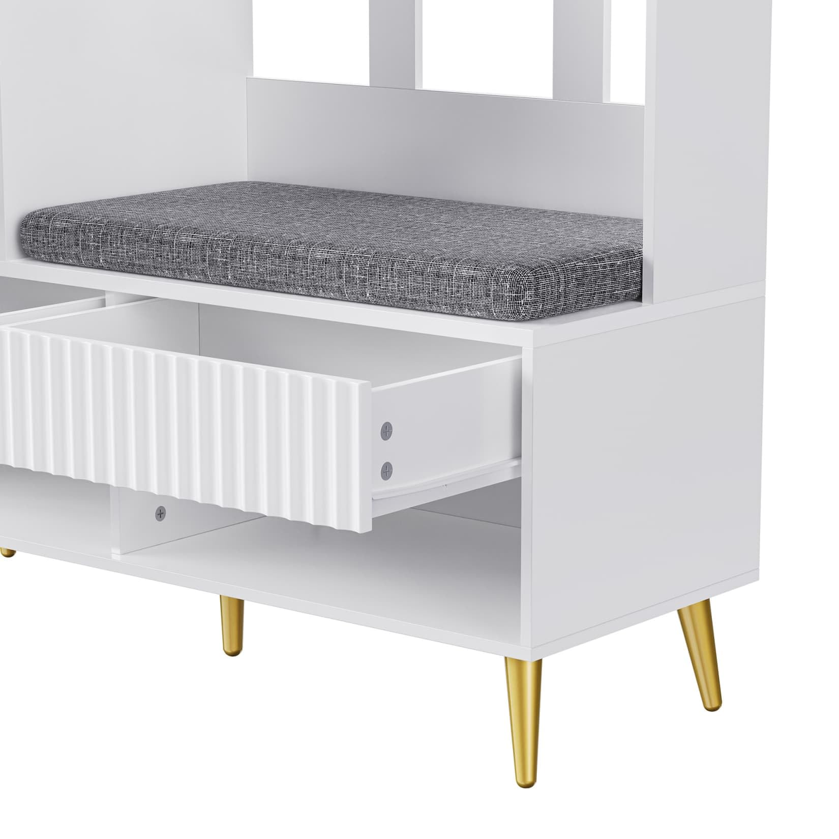 Meuble D’Entree 100x35x180cm,Vestiaire D'entrée,Porte Manteau avec Banc Rembourré,Rangement Chaussure,2 Tiroirs,4 Crochets,Étagère Ouverte,Panneau Perforé,pour Couloir (E-Blanc)