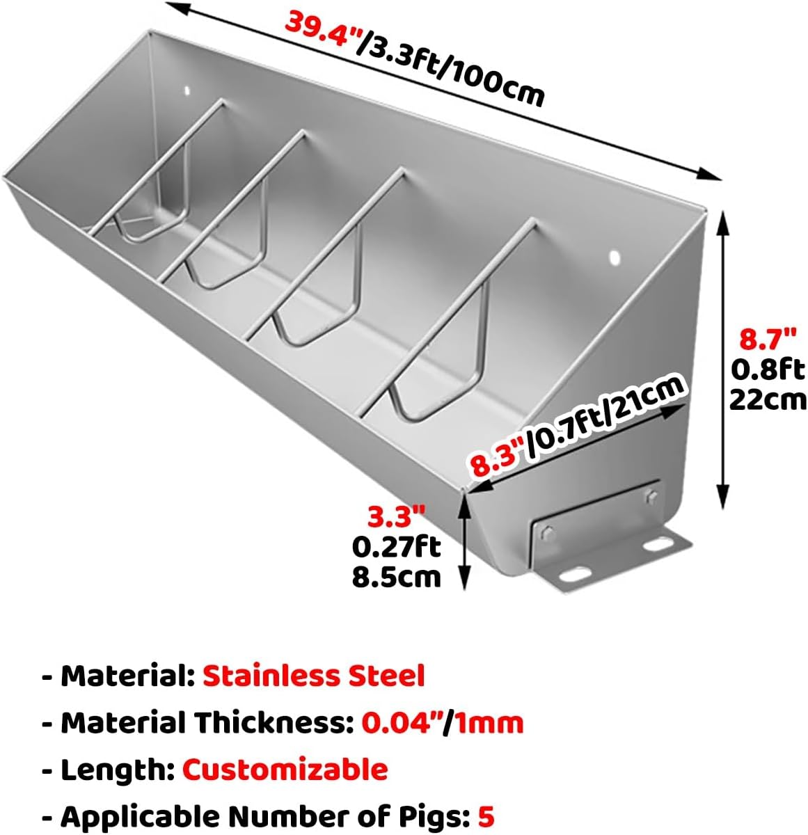 Farm Hog Feeder with 5 8 10 Hole, Piglet Feeding Trough for Horse Sheep Cattle, Outdeer Metal Livestock Feeder Pan No Spill, Animals Bowl(39.4"(3.3ft))