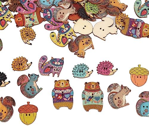 Miniatura 6 de Botones para manualidades, 1.2 pulgadas de largo, lindos animales, coloridos y ligeros, botones de madera para coser, manualidades (animales, 100