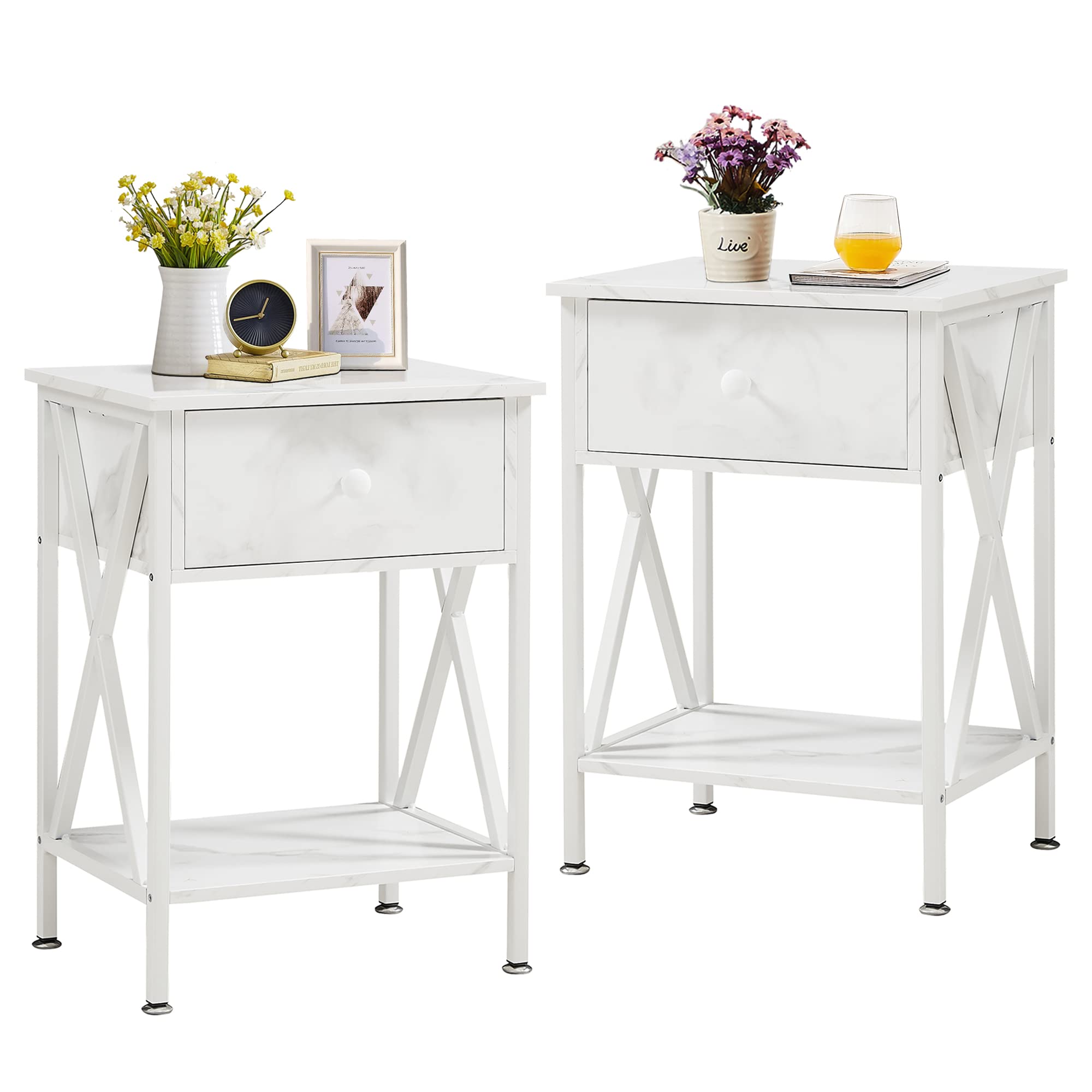 VECELO End Tables, Modern Nightstand with Drawer & Shelf, Night Stand for Bedroom Living Room,Industrial Metal Frame, 11.8" D x 15.8" W x 21.7" H, Marble White