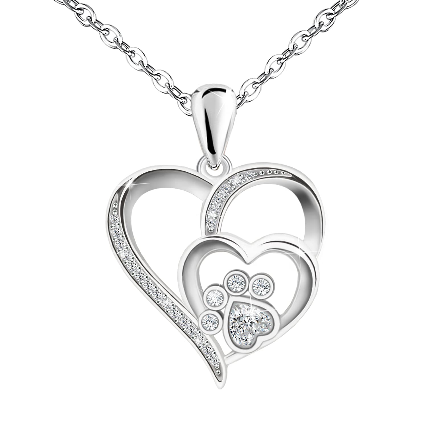 KITEENAL Paw Necklace for Women - Sterlings Silver Cubic Zirconia Dog Cat Pet Paw Print Love Heart Pendant Necklace Adjustable Charm Necklace Mother's