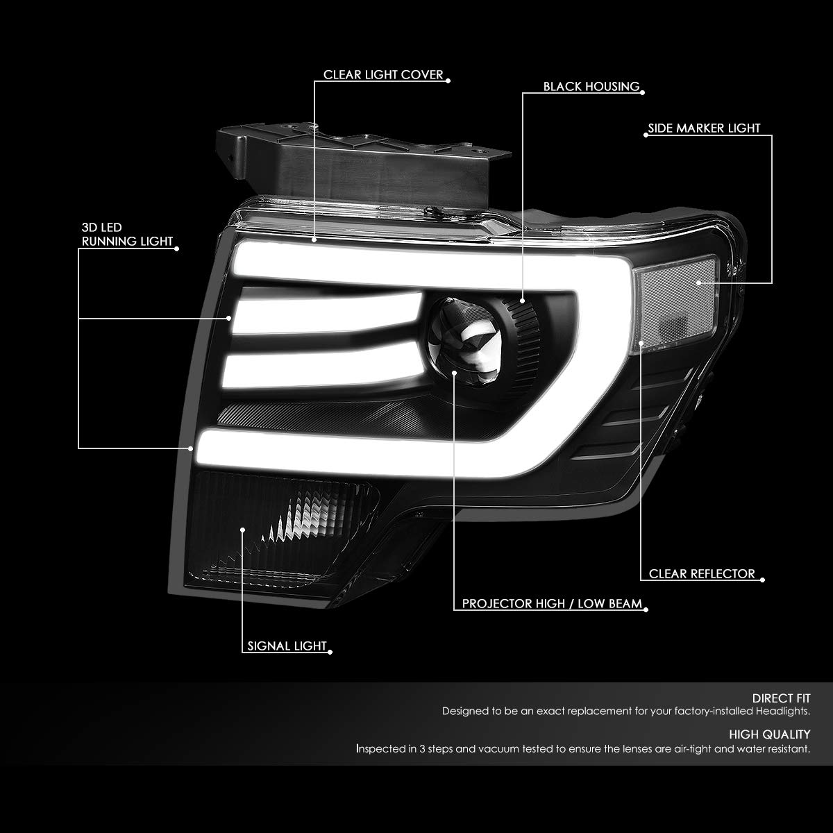 Auto Dynasty LED DRL Headlights Assembly Compatible with 2009-2014 Ford F-150, Driver and Passenger Side Projector Halogen Headlamps Replacement, 3D Daytime Running Light, Black Housing Clear Corner