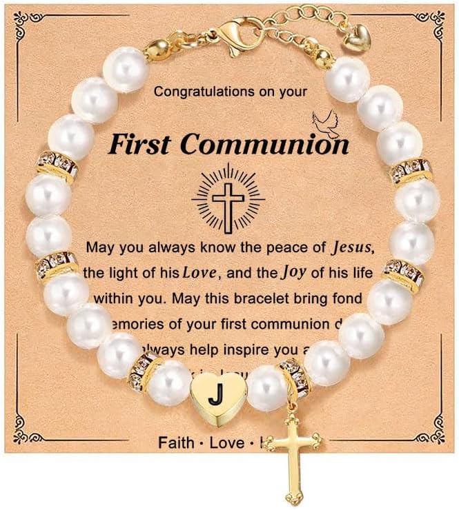 Personalized First Communion Gifts for Daughter Niece, Initial Cross Pearl Bracelet for Catholic, Goddaughter Communion Gifts from Godparent