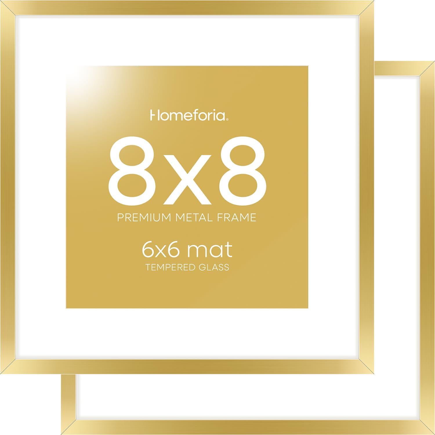 Homeforia 8x8 Picture Frame Gold, High End Metal 8 x 8 Square Photo Frames with Mat 6 by 6, 8x8 Poster Frame Matted to 6x6 inches Print, 8by8 Wall or Tabletop Frame, Tempered Glass, Wall Kit, Set of 2