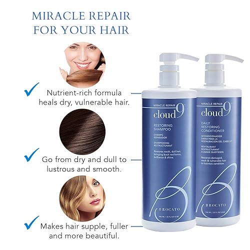 Vista 4 de Brocato Cloud 9 Champú restaurador + acondicionador dúo, 32 onzas líquidas, añade resistencia, humedad y brillo Restaura el cabello a condiciones