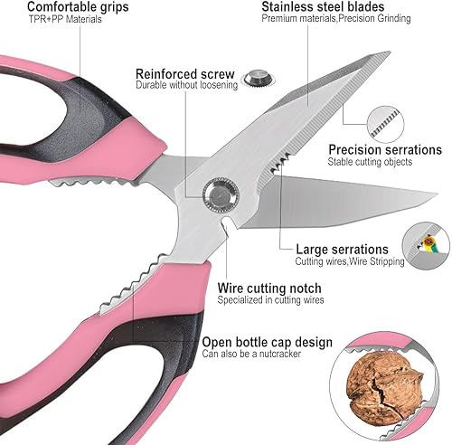 Miniatura 2 de Tijeras multiusos resistentes de 8 pulgadas con cubierta protectora, cuchillas dentadas de acero inoxidable, cartón de fácil corte, cuero, tela,