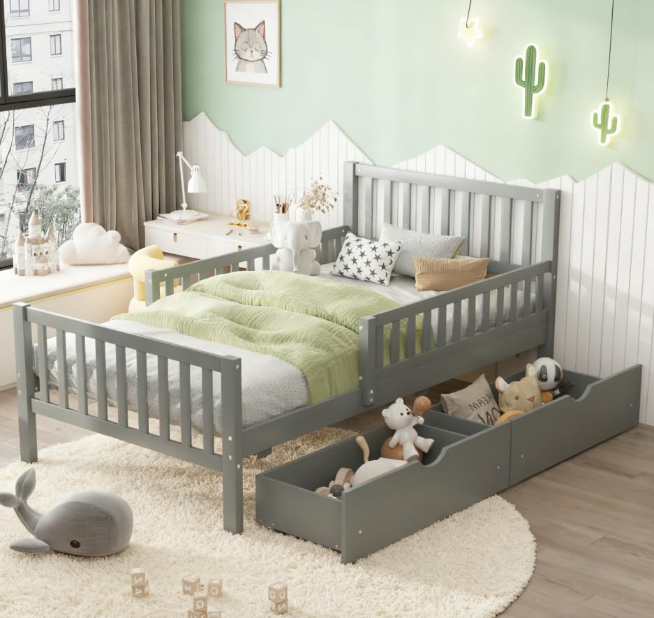 Bellemave Twin Bed Frames with Storage Drawers for Kids, Kids Bed with Rails, Twin beds Frame for Boys/Girls/Adults, Gray