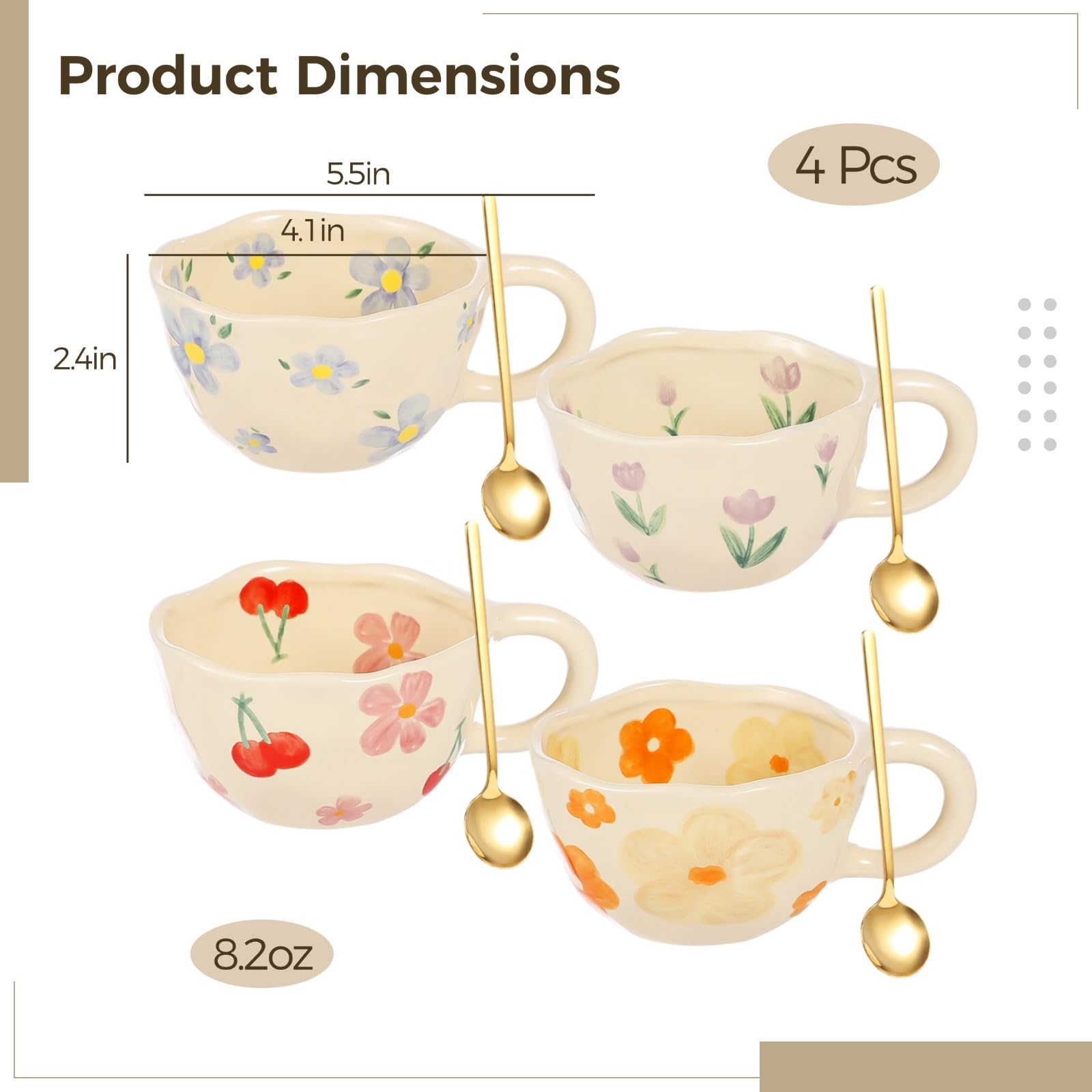 Homaisson Set di 4 tazze da caffè in ceramica con motivo floreale, 226,8 g, set di tazze da tè con cucchiai, graziose tazze da cappuccino, in porcellana, per caffè e latte, lavabili in lavastoviglie e
