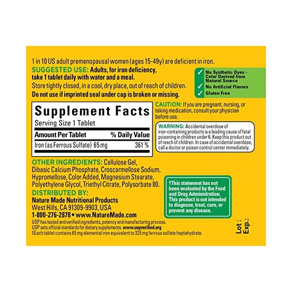 Nature-Made-Iron-65-mg-325-mg-from-Ferrous-Sulfate-Dietary-Supplement-for-Iron-Deficiency-180-Tablets-180-Day-Supply Nature Made Iron 65 mg (325 mg Ferrous Sulfate) Tablets, Dietary Supplement for Red Blood Cell Support, 180 Tablets, 180…