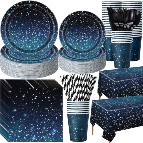 Image of Funnymoom 452 Pcs Galaxy Party Decorations for 50, Starry Night Theme Paper Plates Napkins Cups Tablecloth Cutlery Straws for Outer Space Theme Birthday Bridal Baby Shower Party Decorations Supplies