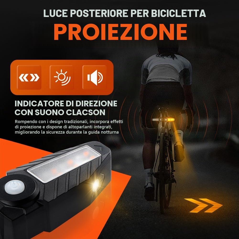 Fanale Posteriore Bicicletta con Proiezione USB Ricaricabile Frecce Bici Elettrica con Telecomando Senza Fili IPX4 150 Lumen Frecce Direzionali per Bici, 5 modalità