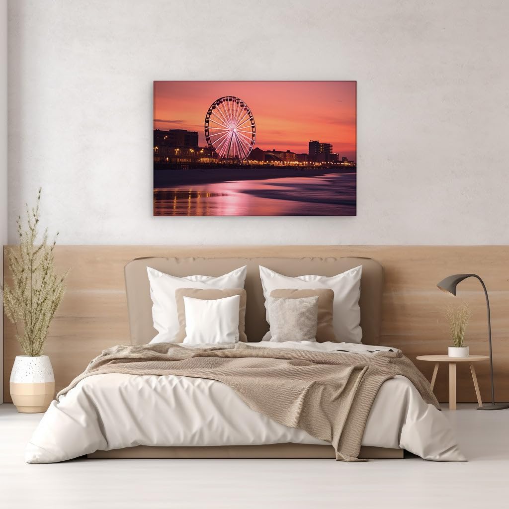 Canvas for Living room. Dusk's Splendor by the Sea: A Ferris Wheel's Glow Meets Serene Shores, 27 x 18 inch Canvas Wall Art - Contemporary Masterpieces - Modern Home Decor
