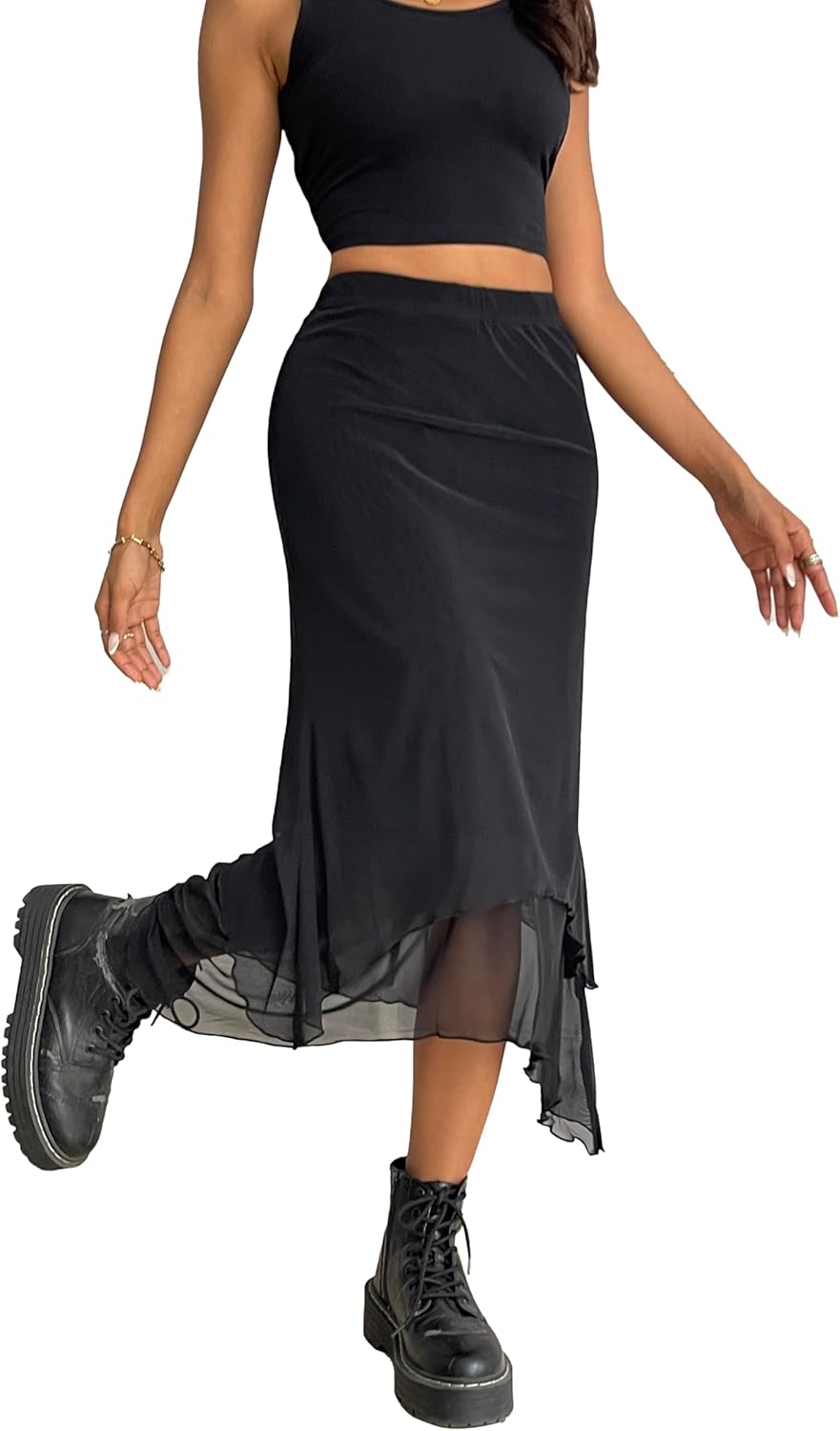 Avanova Women Mesh Asymmetrical Mermaid Midi Skirt High Waist Fishtail Long Skirt - Image 5