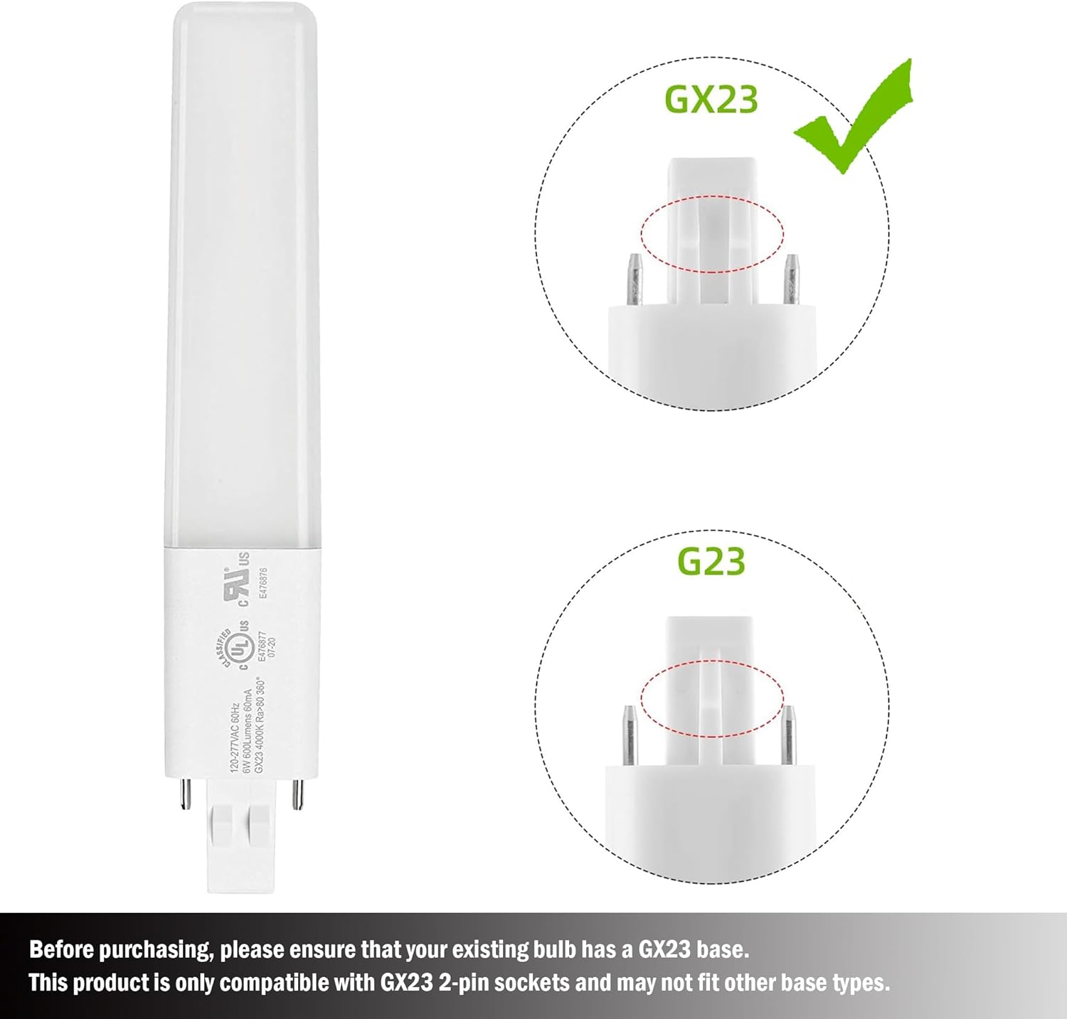 GX23 2-Pin LED Bulb 6W, 13W CFL Equivalent PL Horizontal Light, 4000K Daylight, 120-277V Plug and Play, 360° Beam, UL Listed Energy Saving CFL Replacement – 2 Pack