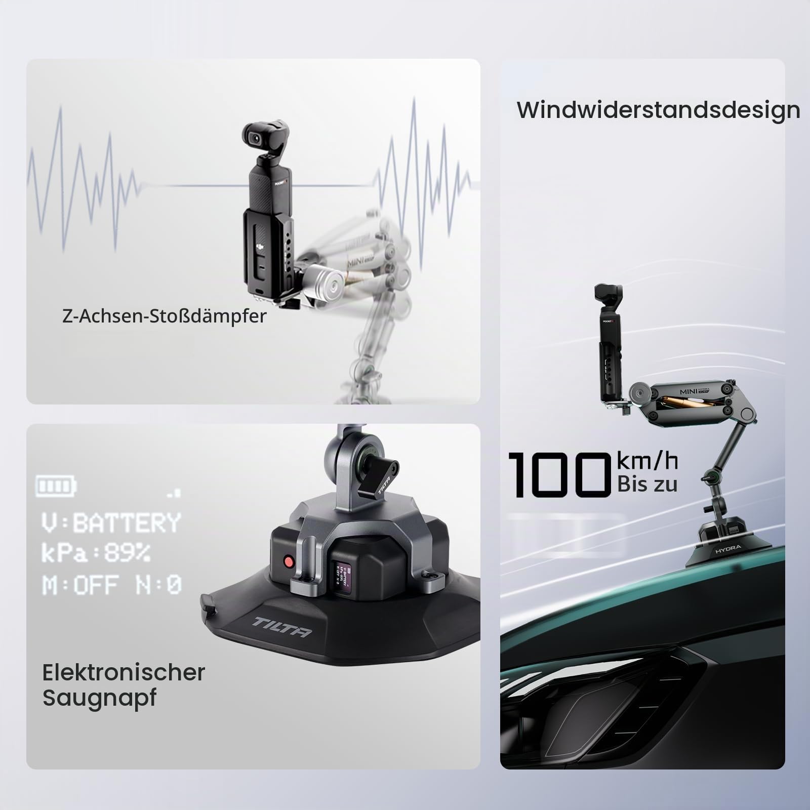Tilta Hydra Alien Mini Stoßdämpfer mit elektronischem Saugnapf, kompatibel mit DJI Pocket 3, Action 3/4, Insta360 X4/X3 und iPhone, HDA-T15-A-TG