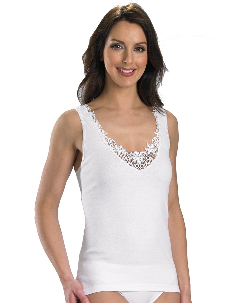 Slenderella Cotton White Embroidered Sleeveless Cami Top V12 Large
