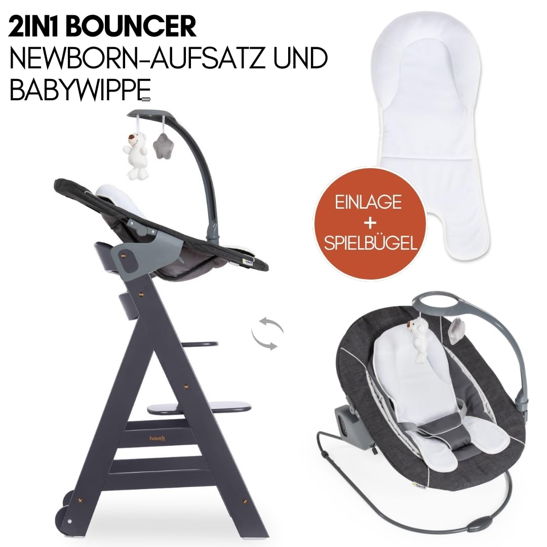 Hauck Beta+ Hochstuhl Newborn Set mit Deluxe Bouncer Dark Grey Mitwachsender Holz Kinderhochstuhl bis 90 kg