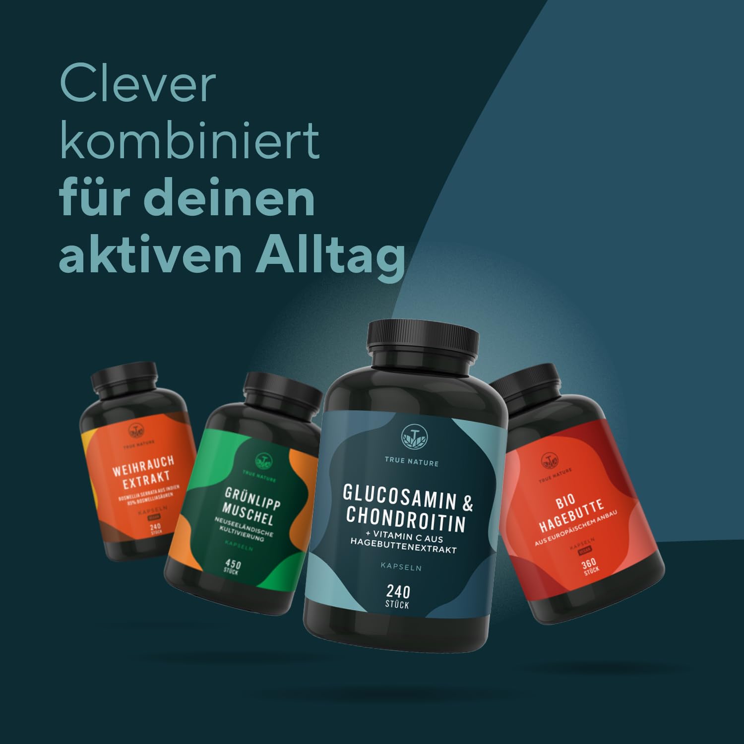 Glucosamin Chondroitin hochdosiert - 240 Kapseln mit 2600mg Glucosamin & Chondroitin pro Tag - mit Vitamin C (trägt zur normalen Kollagenbildung bei) - Pharmazeutische Qualität - TRUE NATURE