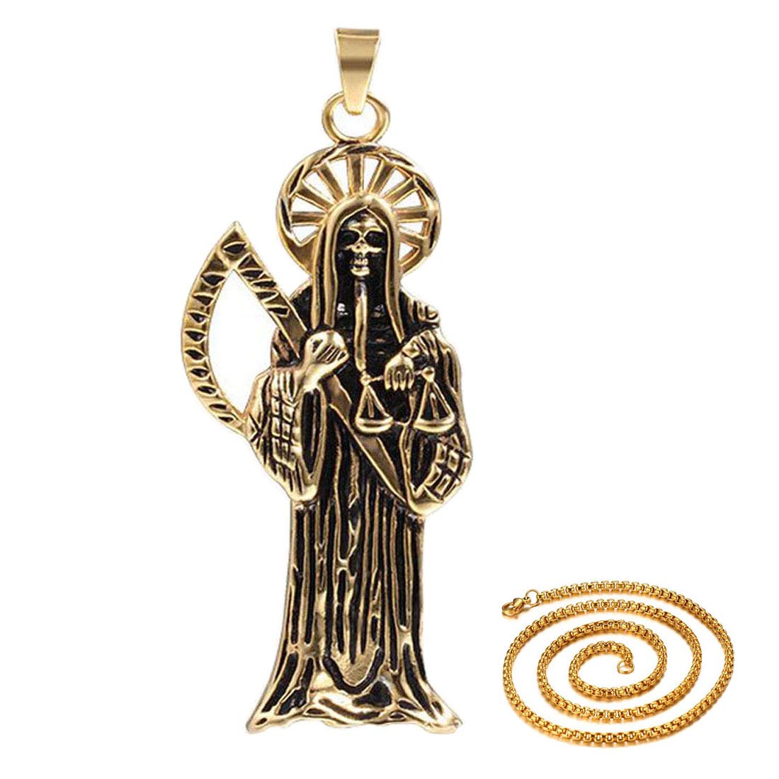 DIBStainless Steel Gothic Ghost Vintage Retro Punk Rock Biker Grim Reaper Scythe Death Skeleton Skull Sickle Pendant Necklace, Gold Chain 24"