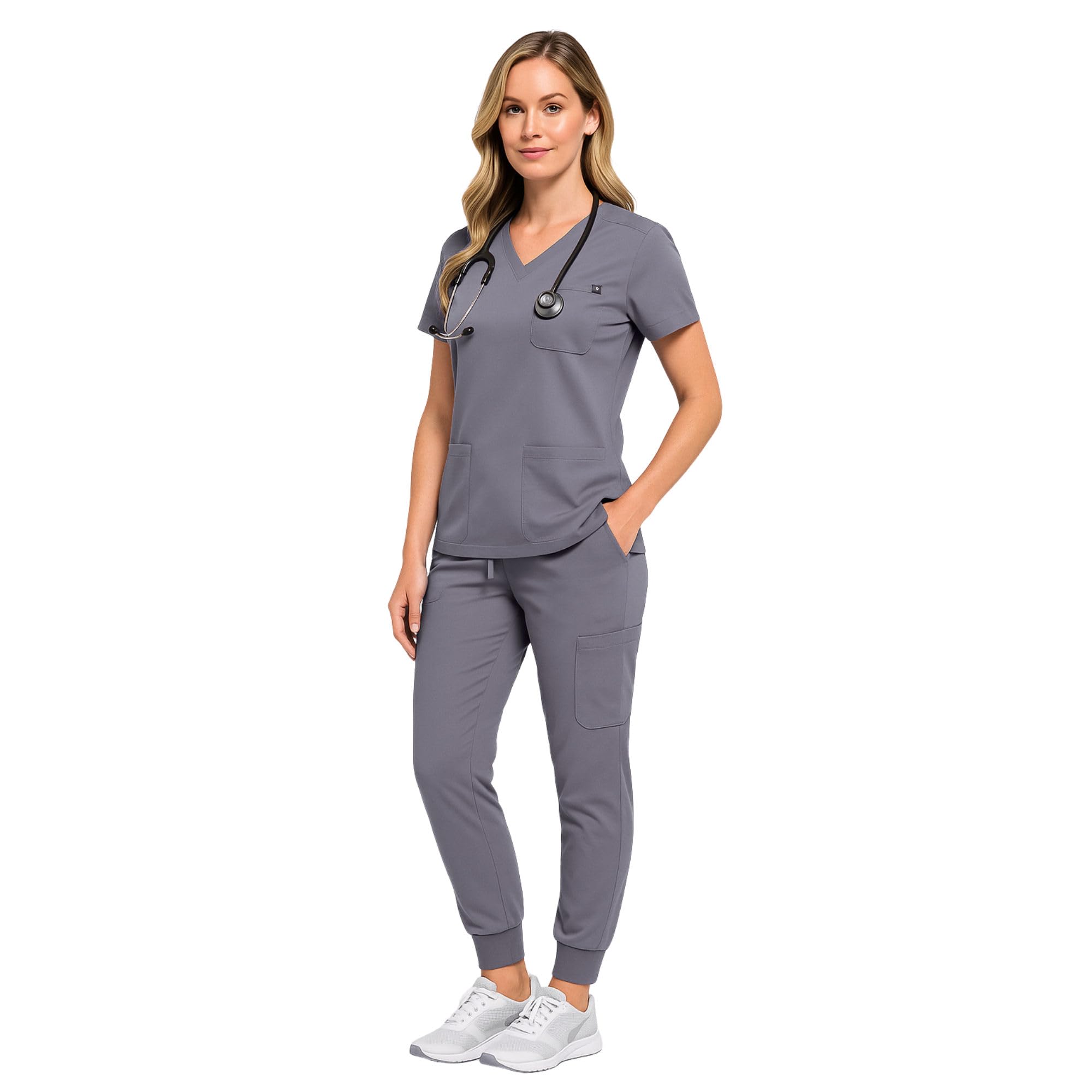 M&M SCRUBS Women’s Essential 10-Pocket Jogger Scrub Set – Stretch V-Neck Scrub Top & Cargo Pant Medical Uniform