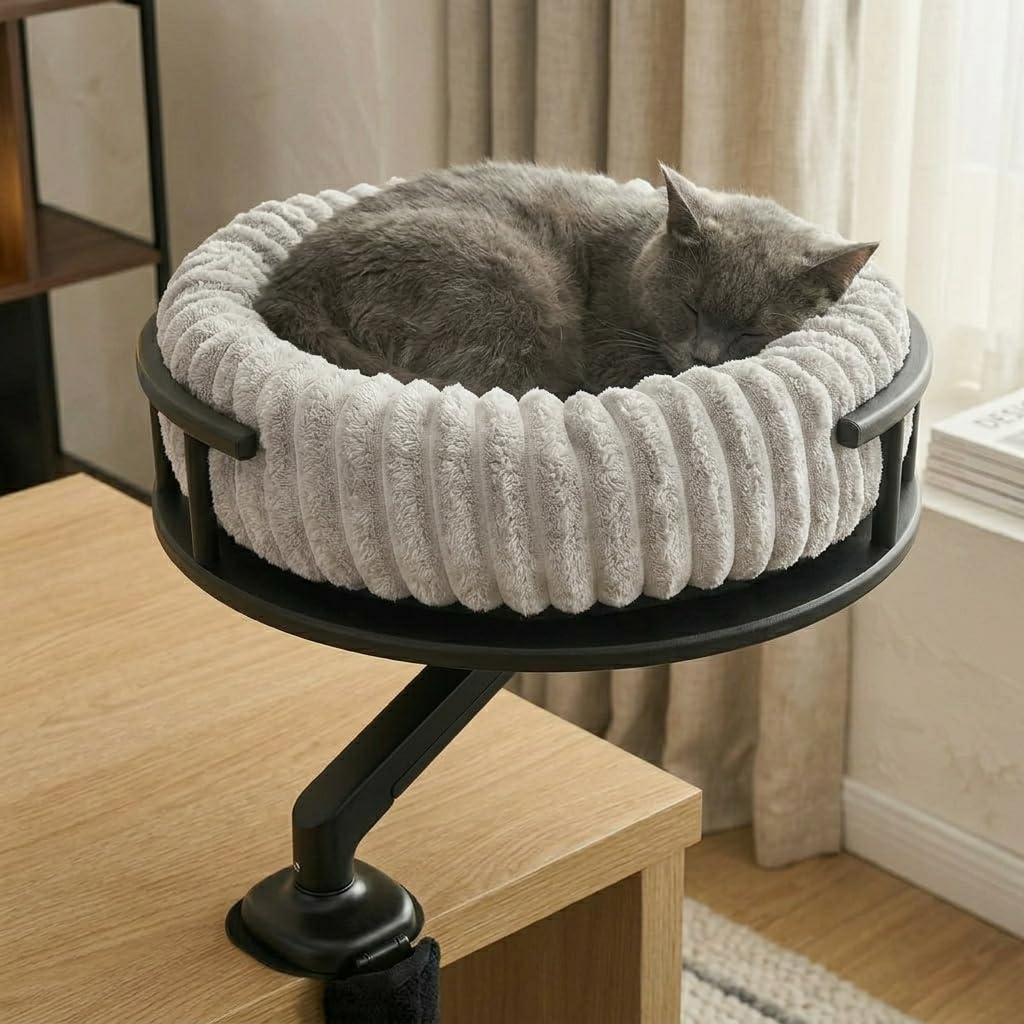 Katzenbett LEVI | Katzenbett Schreibtisch | Katzenplattform | Für Tische und Fenstersims | Inkl. 2 Betten | Cord-Design Grau | Robust und modern (Schwarz)