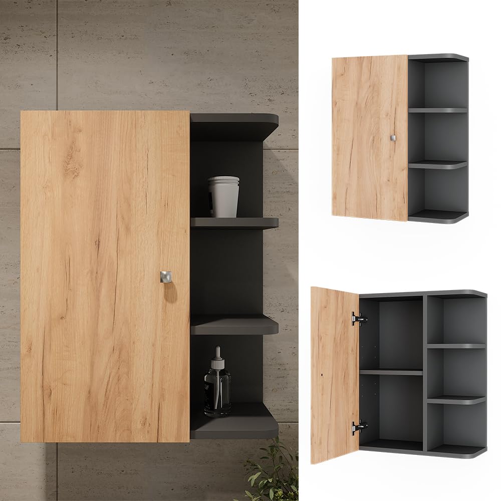 Vicco Armoire Suspendue Fynn, Anthracite/chêne doré, 47.2x59.2cm, pour Montage Mural avec étagères Ouvertes