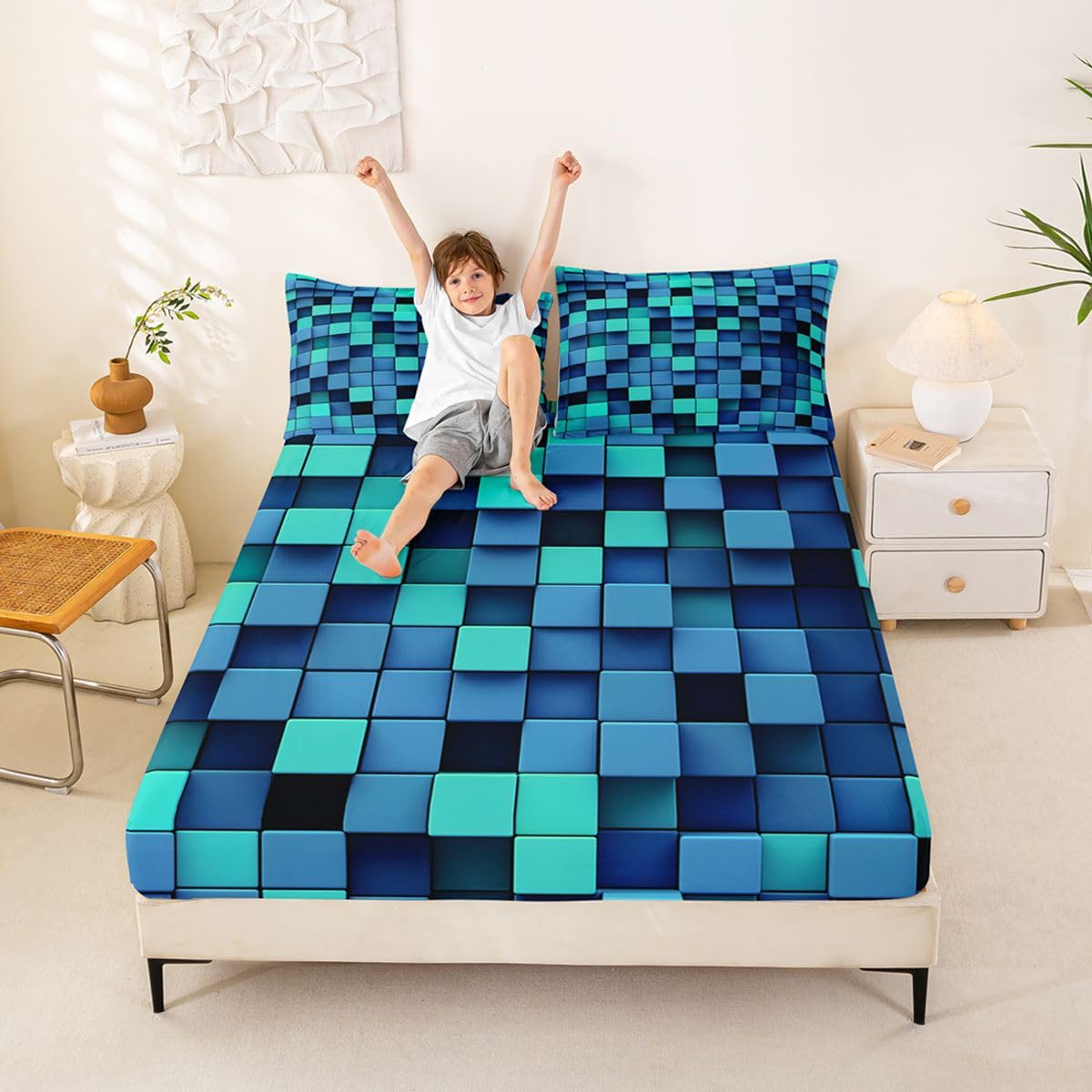 Sábana bajera ajustable de bloques geométricos 3D, tamaño King (no plana), juego de ropa de cama de 3 piezas, decoración de habitación de niñas y niños y mujeres, sábanas modernas de videojuegos de