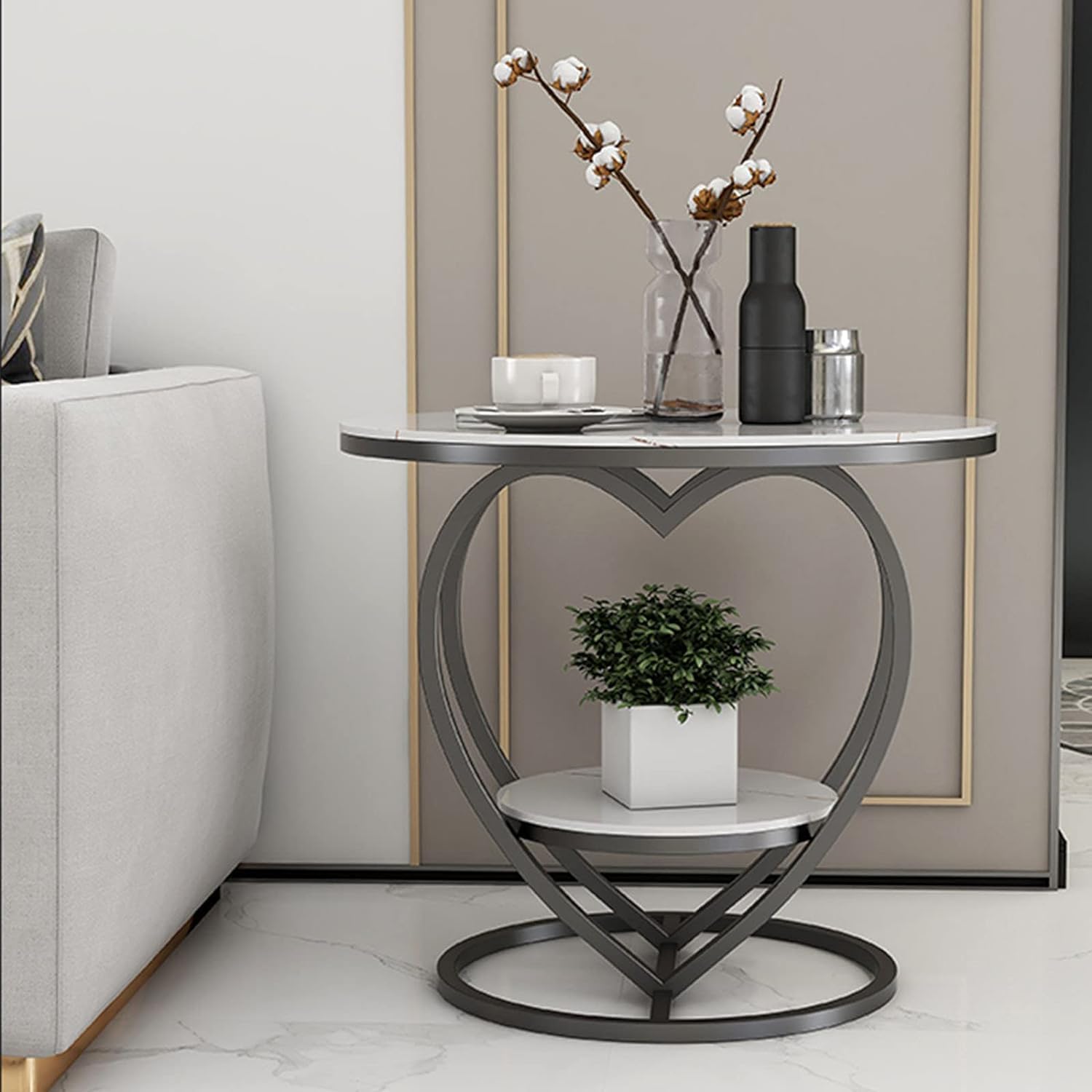 The Flourish Modern Corner Sofa Side Bedside Tables, Snack End Table for Bedroom, White Table Top with Gold Metal Frame, Coffee Table for Living Room (Black White)-image-26
