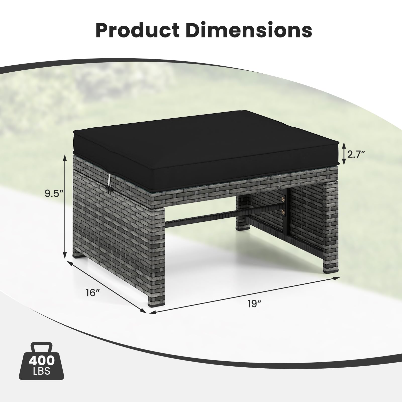 CHEFJOY Outdoor Ottomans, Set of 2 PE Rattan Foot Stool w/Soft Zippered Cushions, Multipurpose Patio Ottomans, Outdoor Furniture for Backyard, Additional Seating, Footrest, Side Table (Black)