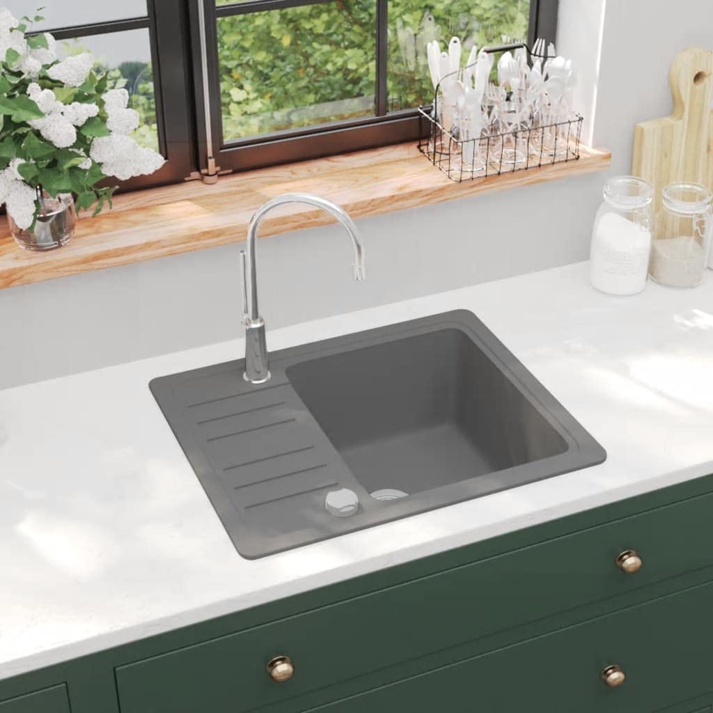 Fregadero individual de granito gris de 80% cuarzo y resina, 575 x 460 x 280 mm, reversible, para cocina y lavadero con cesta colador, resistente al calor hasta 280 °C